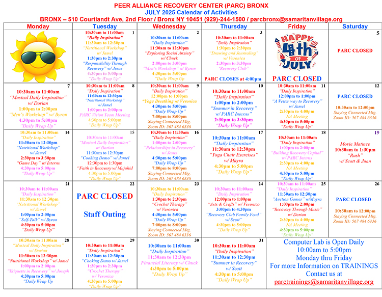 July 2025 PARC Bronx Calendar