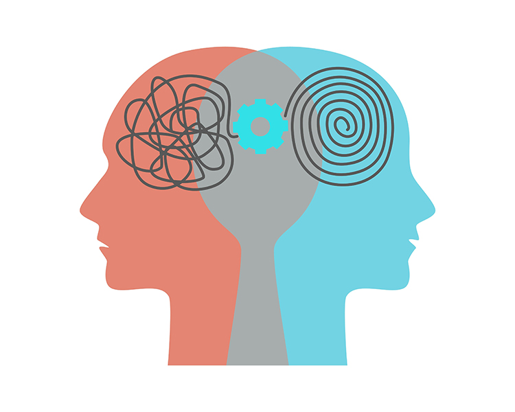 Two head silhouette with gear, tangle, spiral. Bipolar disorder