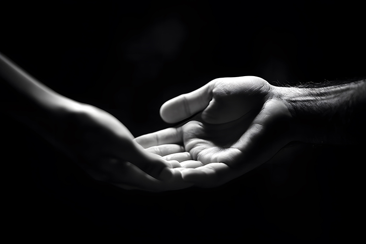 Helping hand concept and international day of peace, support. Helping hand outstretched, isolated arm, salvation. Close up help hand. Two hands, helping arm of a friend, teamwork. Black and white